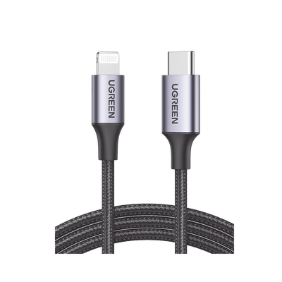 Cable USB-C a Lightning | 1 Metro | Certificado MFi | Carga Rápida 60W | 480 Mbps | Conector C94 | Adecuado para iPhone, iPad y iPod | Protección Integrada | Caja de Aluminio | Nylon Trenzado | Color Negro | 2 años de Garantía