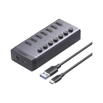 HUB de 7 Puertos USB 3.0 / 4 puertos de Carga Inteligente / Interruptor Individual / Indicadores LED / USB 3.0 a 5Gbps / 1 USB-C Hembra (solo datos) / Incluye Adaptador de Corriente 12V 2A / 7 en 1