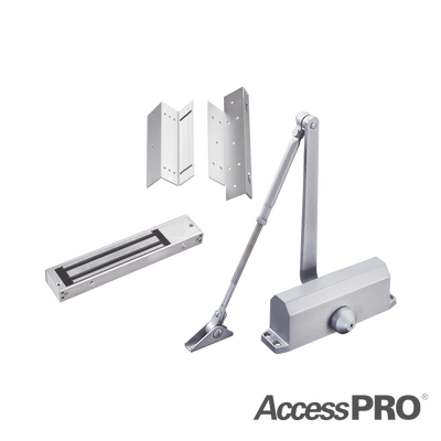 Kit para control de acceso incluye Chapa magnética de 600Lbs / Montajes L y Z / Cierra puerta para 45-65Kg.