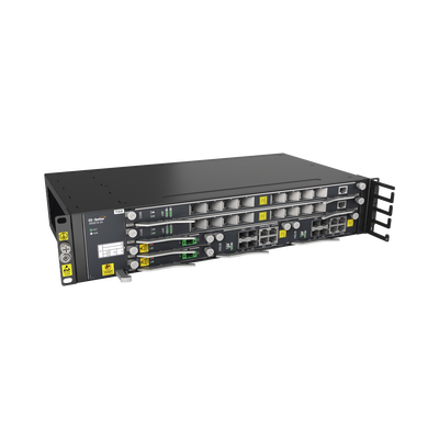 OLT Carrier Class Modular GPON con 2 Tajetas de Servicio GCOB + 2 Fuentes PWRD (-48Vcc), hasta 32 Puertos GPON, 2UR