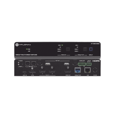 OMEGA Switch Matriz 4x2 de AV Multiformato con Entradas HDMI, USB-C y Display Port / Salidas HDMI y HDBaseT / para Videoconferencia y Presentaciones