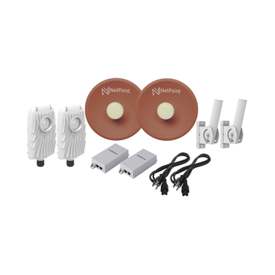 Kit de 2 radios B5X con antenas NPPROS2PACK (27 dBi), rango de frecuencia extendida (4.9 a 6.4 GHz), incluye inyector POE  y cable de alimentación