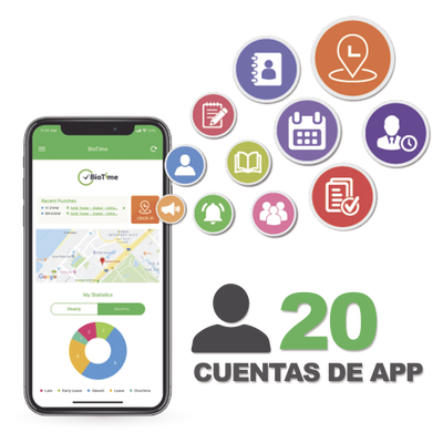 Licencia para realizar checadas de asistencia desde Smartphone (APP) con envío de fotografía y ubicación por GPS / Compatible con BIOTIMEPRO / Licencia para 20 usuarios