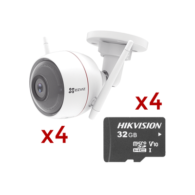 Kit de Camaras WiFi, Incluye 4 Piezas C3W y 4 Piezas HS-TF-L2/32G/P / Audio de Dos Vías / Detección de Movimiento / Luz Blanca / Sirena