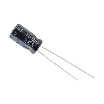 Capacitor Electrolítico de Aluminio, Radial de 100 µFd, 25 Vcc, 105 °C, 6.3 x 11 mm.
