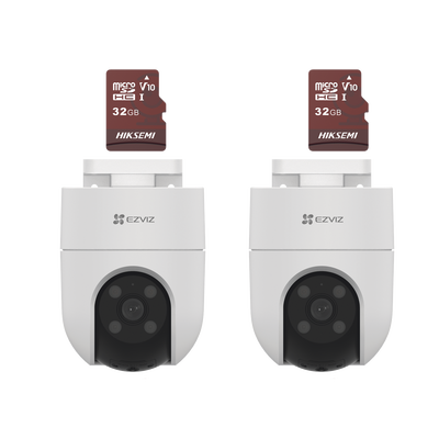 Kit de Camaras WiFi, Incluye 2 Piezas CS-H8C y 2 Piezas HS-TF-E1/32G / Audio de Dos Vías / Detección de Movimiento /  Luz Estroboscópica / Sirena  /  Uso en Exterior con Protección