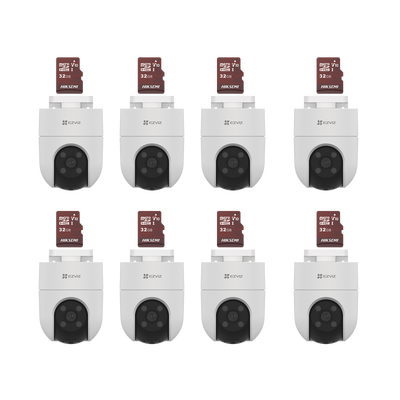 Kit de Camaras WiFi, Incluye 8 Piezas CS-H8C y 8 Piezas HS-TF-E1/32G / Audio de Dos Vías / Detección de Movimiento /  Luz Blanca / Sirena  /  Uso en Exterior con Protección