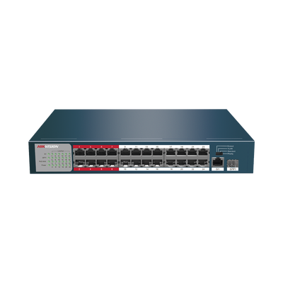 Switch PoE+ / No Administrable / 24 Puertos 10/100 Mbps PoE+ / 1 Puerto 1000 Mbps / 1 Puerto SFP Uplink / Modo Extendido hasta 300 Metros / 230 W
