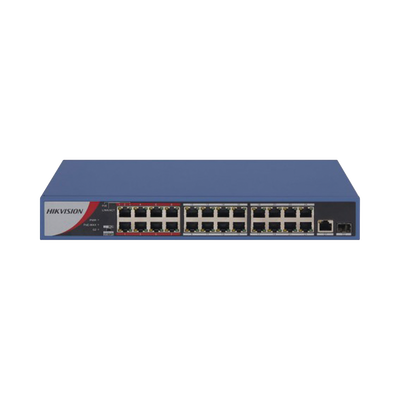 Switch PoE+ / No Administrable / 24 Puertos 10/100 Mbps PoE+ / 2 Puertos 1000 Mbps Uplink / 1 Puerto SFP Uplink / Modo Extendido hasta 300 Metros / 230 W