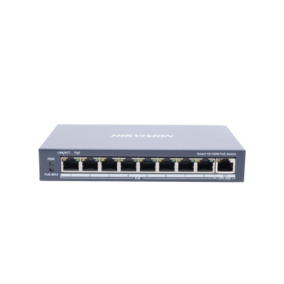 Switch PoE+ / Monitoreable / 8 Puertos 10/100 Mbps PoE+ / 1 Puerto 1000 Mbps de Uplink / Configuración Nube Hik-PartnerPro / Modo Extendido hasta 300 Metros / 110 W