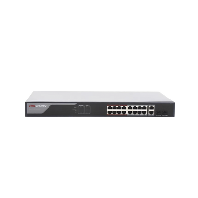 Switch PoE+ / Monitoreable / 16 puertos 10/100 Mbps PoE+ / 2 Puertos 1000 Mbps Uplink / 2 Puertos SFP de Uplink / Configuración Nube Hik-Partner Pro / Modo Extendido hasta 300 metros / 230 W
