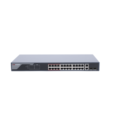 Switch PoE+ / Monitoreable / 24 Puertos 100 Mbps PoE+ / 2 Puertos 1000 Mbps + 2 Puertos SFP de Uplink (COMBO) / Configuración Nube Hik-Partner Pro / Modo Extendido hasta 300 Metros / 370 Watts