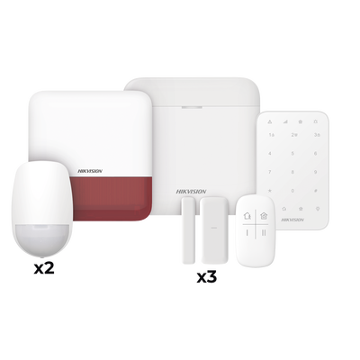 (AX PRO) KIT de Alarma AX PRO / Incluye: 1 Hub / 2 Sensores PIR / 3 Contactos Magnéticos mini / 1 Control Remoto / 1 Sirena Estrobo en color Rojo Inalámbrica Exterior /1 Teclado Inalámbrico / Wi-Fi / Compatible con Hik-Connect P2P