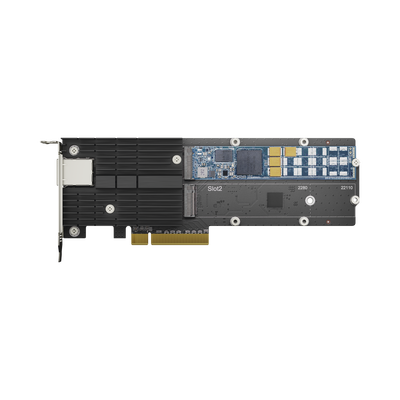 Adaptador Combinado SSD M.2 y 10 GbE | PCIe 3.0 x8 | 2 Ranuras NVMe M.2 22110/2280 | Puerto 10GBASE-T RJ45 | Autonegociación 10/5/2,5/1 Gbps | Compatible con SSD NVMe SNV3000.