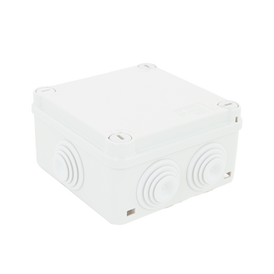 Caja de derivación de PVC Auto-extinguible con 6 entradas, tapa y tornillo de media vuelta de 1/4", 100x100x50 MM (Medidas internas, mayor área permisible para el cable, Para exterior (IP55)