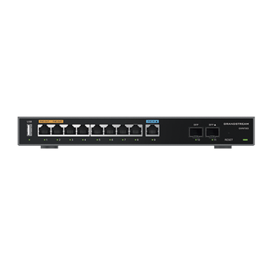 Router Gigabit VPN / Balanceador de cargas / 60,000 sesiones NAT / 9 puertos 10/100/1000 Mbps + 2 puertos SFP (WAN/LAN) / 1 puerto entrada PoE(af/at) / 2 puertos salida PoE (af/at) / Compatible con GWN Cloud.