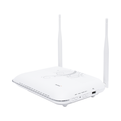 ONU GPON con 4 puertos Gigabit Ethernet + 2 POTS + 1 USB + 1 CATV (RF) + WiFi 2.4 GHz, conector SC/APC