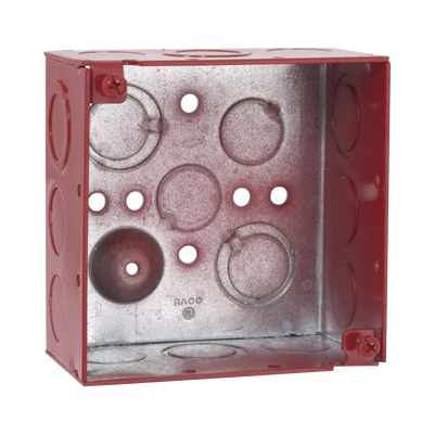 Caja Cuadrada Galvanizada  de 4" /Profundidad de 2 1/8" / Cuenta con 11 KO de 1/2" y 6 TKO (1/2" - 3/4")/ Color Rojo.