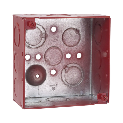Caja Cuadrada Galvanizada de 4" /Profundidad de 2 1/8" / Cuenta con 11 KO de 1/2" y 6 TKO (1/2" - 3/4")/ Color Rojo.
