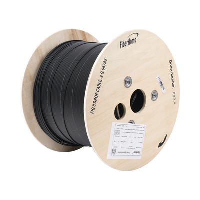 Carrete de 1 km de Fibra Óptica Aérea Mini Figura 8 G.657A2 tipo Drop, Monomodo de 2 Hilos (bifibra), Diseñada para Fusionarse, Color Negro, Span 80, (No Soporta Conectores Mecánicos)