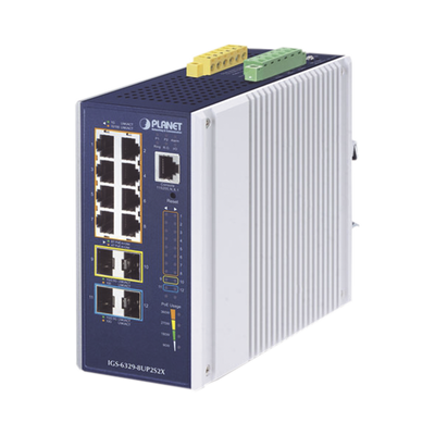 Switch Industrial Administrable Capa 3, Con 8 Puertos PoE Gigabit 802.3bt, 2 Puertos SFP de 1 G / 2.5 G, 2 Puertos SFP 10 G