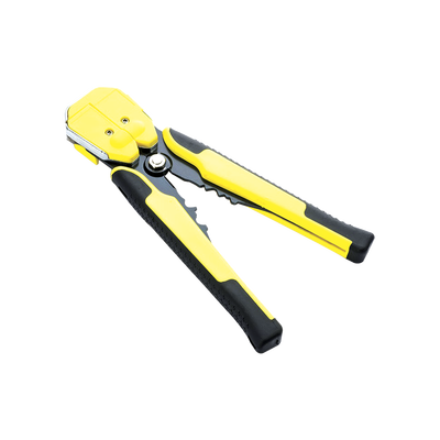 Pinza multifuncional Pelacables, con terminal de pestaña, prensado automático de color amarillo.