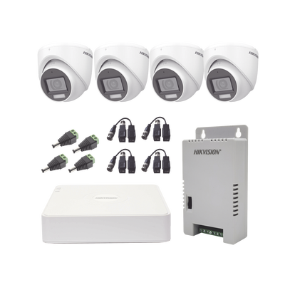 KIT TurboHD 1080p / DVR 4 Canales con audio por coaxitron / 4 Cámaras con Micrófono y 106° Visión/ luz blanca + IR visión nocturna / Transceptores / Conectores / Fuente de Poder Profesional