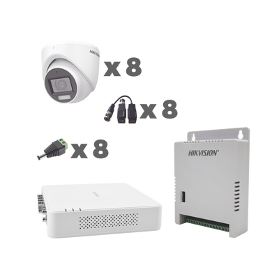 KIT TurboHD 1080p / DVR 8 Canales con audio por coaxitron / 8 Cámaras con Micrófono Integrado 101° Visión/ luz blanca + IR visión nocturna / Transceptores / Conectores / Fuente de Poder Profesional