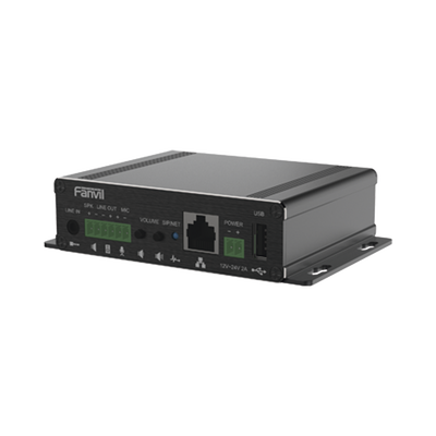 Gateway para Voceo IP/SIP, Entrada de audio (3.5mm), salida de amplificador integrado de hasta 30W, puerto USB (reproducción de MP3),