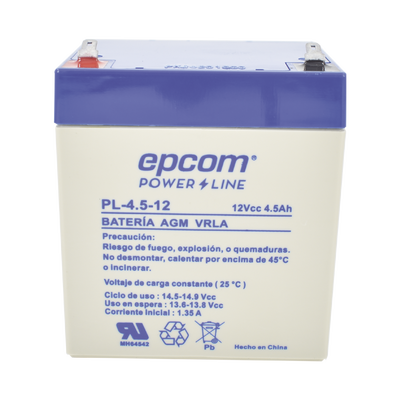 Batería 12 Vcc / 4.5 Ah / UL / Tecnología AGM-VRLA / Para uso en equipo electrónico Alarmas de intrusión / Incendio/ Control de acceso / Video Vigilancia / Terminales F1.