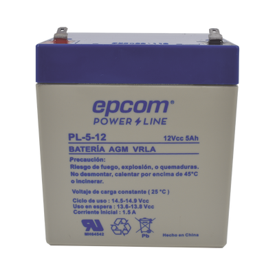 Batería 12 Vcc / 5 Ah / UL / Tecnología AGM-VRLA / Para uso en equipo electrónico Alarmas de intrusión / Incendio/ Control de acceso / Video Vigilancia / Terminales F1 / Cargador recomendado CHR-80.