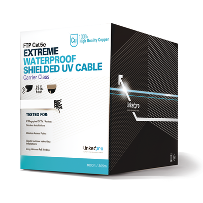 Bobina de cable de 305 m, Cat5e, para intemperie, sin blindar, color blanco, UL, para aplicaciones en CCTV y redes de datos. Requiere tubería para su correcta instalación en ambientes exteriores.