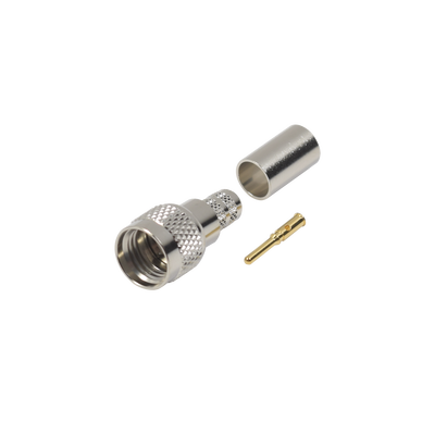 Conector Mini-UHF Macho, 50 Ohm de Anillo Plegable para LMR-240, RG-8/X, 9258, Niquel/ Oro/ Delrin.