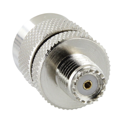 Adaptador en Línea de Conector Mini UHF Hembra a UHF Macho (PL-259), Níquel/ Oro/ Teflón.