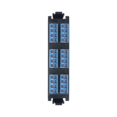 Placa acopladora de Fibra Óptica Quick-Pack, Con 6 Conectores LC/UPC con conectores “Shuttered” Quad (24 Fibras), Para Fibra Monomodo, Azul, incluye tapas cubre polvo abatibles integradas por cada conector.