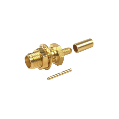 Conector SMA Hembra para Chasis en D Plano, Anillo Plegable para cable RG-174/U, Oro/ Oro/ Teflón.