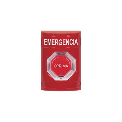 Botón de Emergencia, Texto en Español, Color Rojo, Acción Mantenida, Girar para Restablecer y LED Multicolor