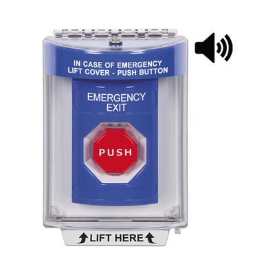 Botón de Emergencia con Bocina de Advertencia Integrada, Texto en Ingles, Tapa Protectora de Policarbonato Súper Resistente, Restablecimiento con Llave