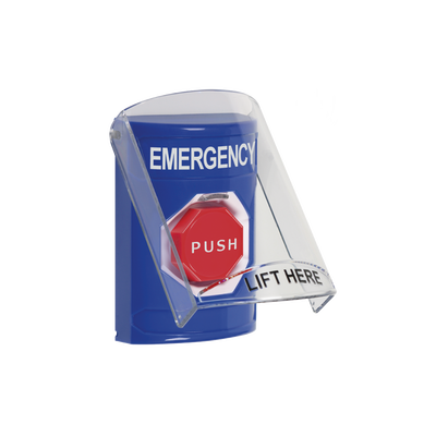 Botón de Emergencia con Bocina de Advertencia Integrada, Texto en Inglés, Tapa Protectora de Policarbonato Súper Resistente, Restablecimiento con Llave
