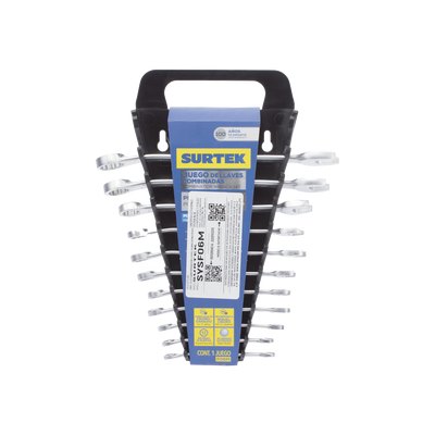 Juego de llaves combinadas en rack con 11 piezas metricas, de cromo con acabado satinado.