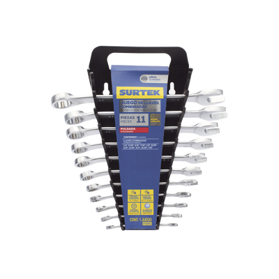 Juego de llaves combinadas en rack con 11 piezas en pulgadas, de cromo con acabado satinado.