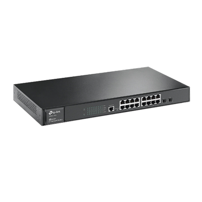 Switch JetStream Gigabit administrable Capa 2, 16 puertos 10/100/1000 Mbps + 2 puertos SFP, 1 puerto de consola.