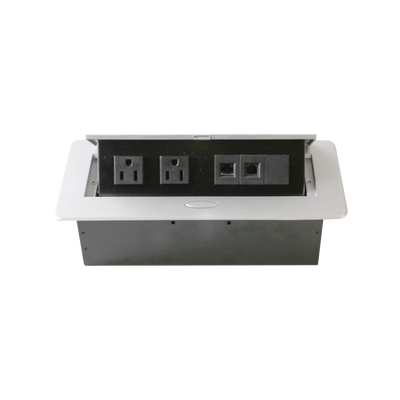 Caja horizontal de escritorio, con conector RJ45 Cat5e, RJ11, 2 contactos de 125v (11000-73201)