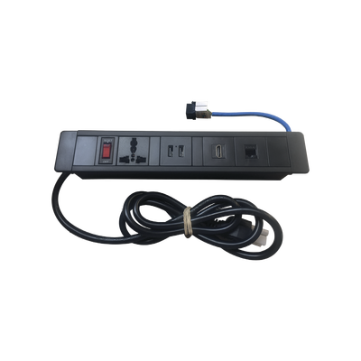 Hub para escritorio color negro, con 1 Puerto HDMI Hembra-Hembra, 1 Conector RJ45 Cat6, 2 Puertos USB 5V DC /2 A, y 1 Contacto eléctrico universal (11100-00001)