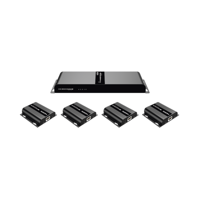 Kit Divisor y Extensor HDMI (Extender Splitter) / Divide 1 Fuente HDMI a 4 Pantallas / Extiende la señal HDMI hasta 120 m / Resolución 1080P @ 60 Hz / Cat 6/6a / Soporta IR / Baja Latencia / Uso24/7 / Alimente solo el Tx (PoC).