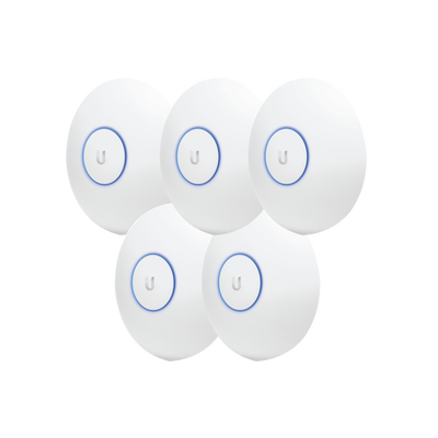 Paquete de 5 Access Point UniFi de largo alcance, Doble banda 802.11ac MIMO2X2 para interior, PoE 802.3af, soporta 250 clientes, hasta 867 Mbps, Los equipos no incluyen poe se sugiere comprar aparte el modelo POE-24-12W-G