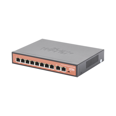 Switch PoE (802.3af/at/bt) / No administrable de largo alcance / Hasta 250m / 8 x 10/100Mbps (PoE) + 2 x Puertos Gigabit Uplink, / Hasta 120 W