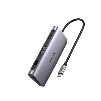 HUB USB-C Docking Station) 9 en 1 | 3 USB-A 3.0 | USB-C PD Carga 100W | HDMI 4K@30Hz | RJ45 (Gigabit Ethernet) | VGA | Lector Tarjeta SD + Micro SD (TF) Uso Simultaneo | Carcasa de Aluminio.