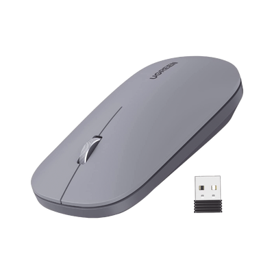 Mouse inalámbrico 2.4 GHz | Ultra Delgado y Silencioso | DPI 1000/1600/2000/4000 (Ajustable) | Alcance 10m | Scroll de Aluminio | Adaptable a diferentes superficies | Diseño suave al tacto | Contiene Receptor USB | Color Gris.