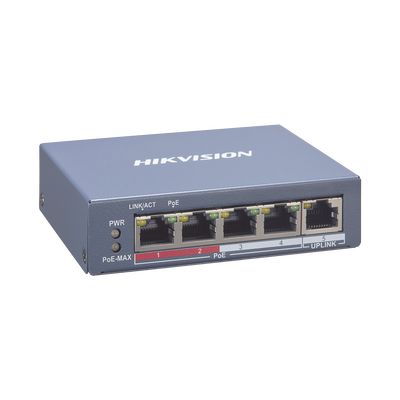 Switch Monitoreable PoE+ / 4 puertos 100 Mbps PoE+ / 1 Puerto 100 Mbps Uplink / PoE hasta 250 Metros / 60 Watts / Conexión Remota desde Hik-PartnerPro